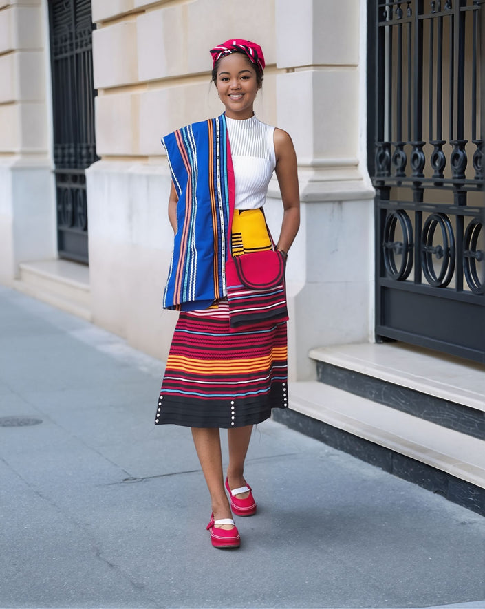 Multicolor striped skirt set with draped top, white sleeveless bodice, midi skirt