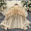 Sheer floral ruffle top, light cream with tiered ruffles and puff sleeves
