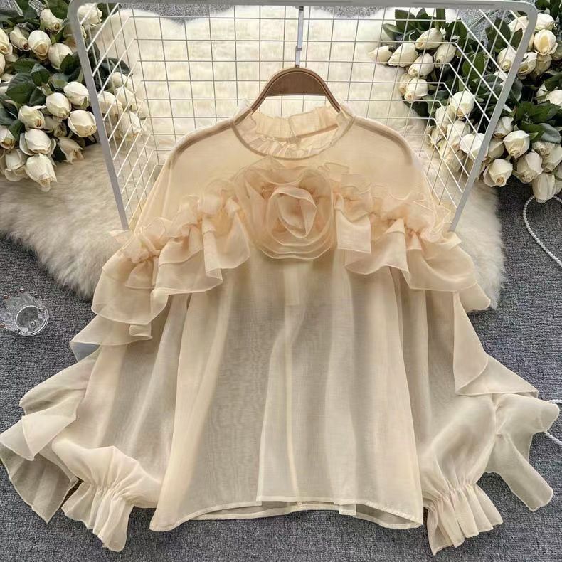 Sheer floral ruffle top, light cream with tiered ruffles and puff sleeves