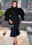 Sheer floral ruffle top, black with layered ruffle shoulders and puff sleeves
