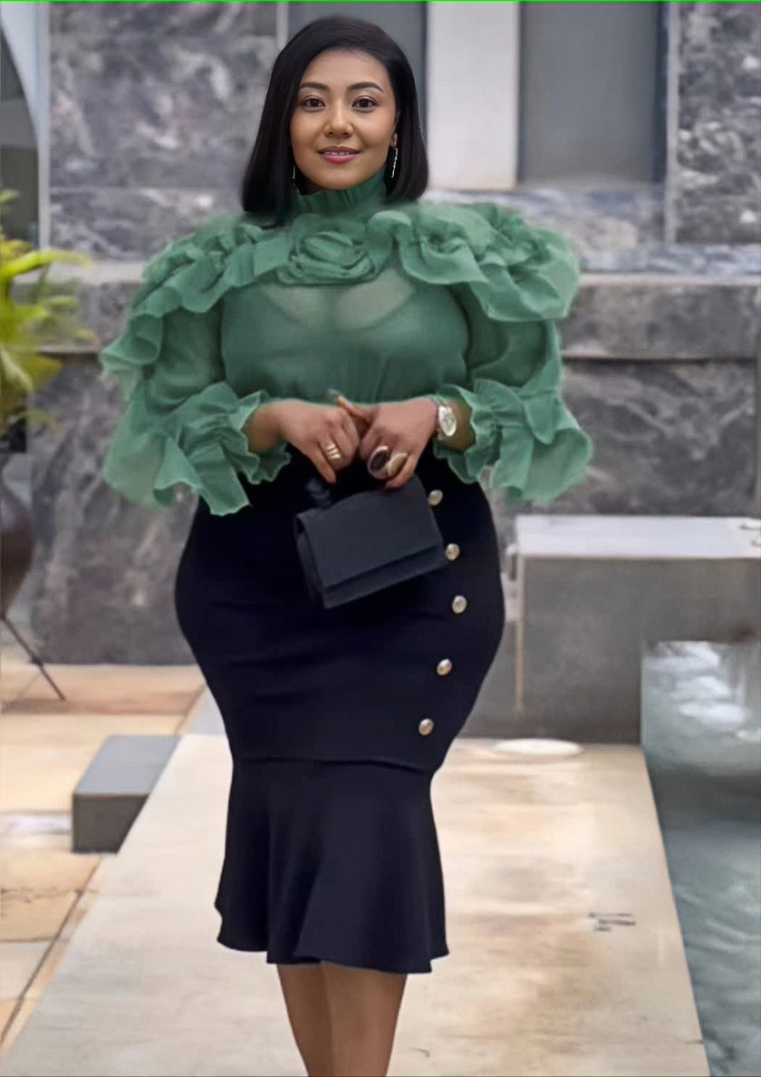 Sheer floral ruffle top, deep green with voluminous ruffle collar and puff sleeves