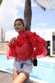 Sheer floral ruffle top, red with layered ruffle puff sleeves and ruffled neckline