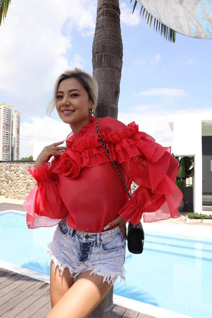 Sheer floral ruffle top, red with layered ruffle puff sleeves and ruffled neckline