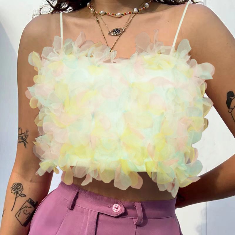 Layered petal crop top with spaghetti straps, pastel iridescent floral ruffles
