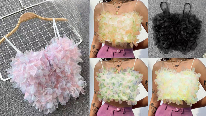 Layered petal crop top shown in pastel pink, pastel green, and black floral ruffles