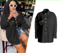 Black long-sleeve blouse with ruffle front, gold button placket and pintuck detail