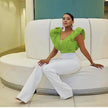 Ruffle sleeve top with puff shoulders, belted waist, lime-green blouse