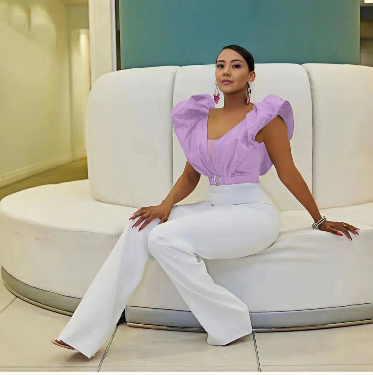 Ruffle sleeve top with puff shoulders, belted waist, light-purple blouse