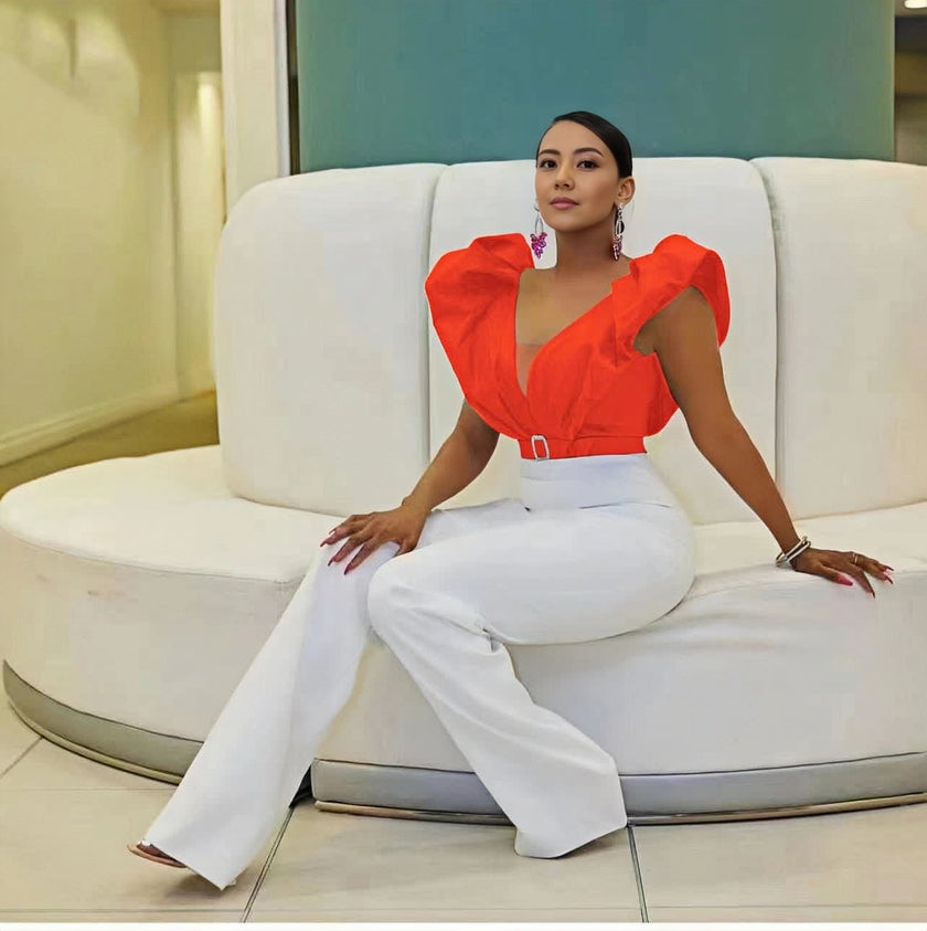 Ruffle sleeve top with puff shoulders, belted waist, orange-red blouse