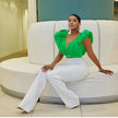 Ruffle sleeve top with puff shoulders, belted waist, bright green blouse