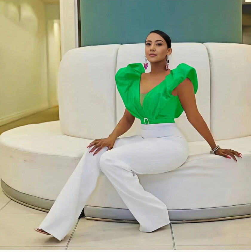 Ruffle sleeve top with puff shoulders, belted waist, bright green blouse