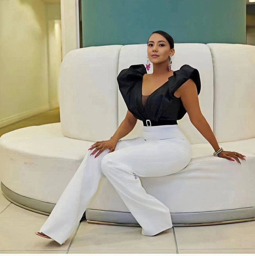 Ruffle sleeve top with puff shoulders, belted waist, black blouse