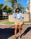 High-neck puff sleeve blouse, light blue, ruffled puff sleeves and gathered cuffs