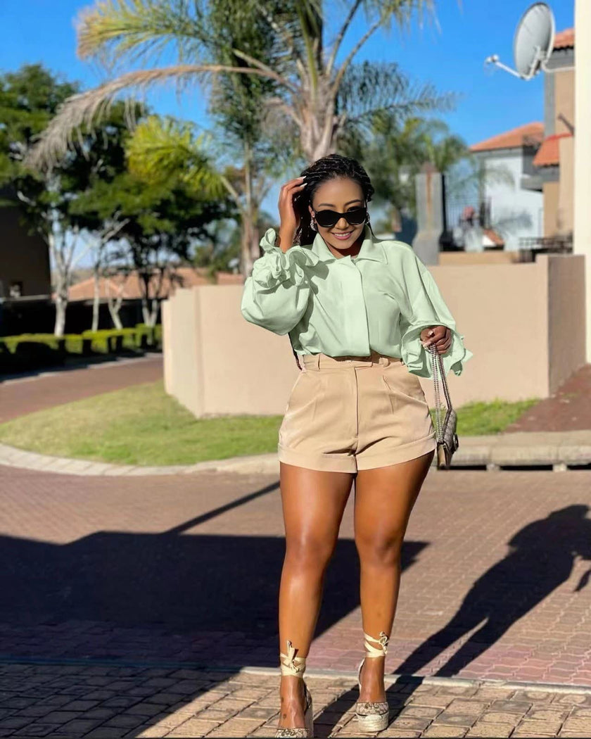 High-neck puff sleeve blouse, pale green, statement puff sleeves with cuffs