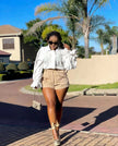 High-neck puff sleeve blouse, white, ruffled cuffs and buttoned front placket