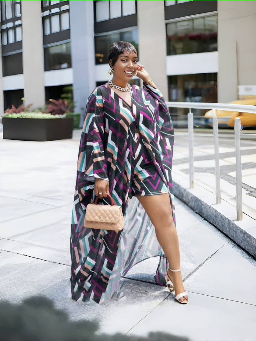 Purple and black geometric print cardigan and shorts set, long open cardigan