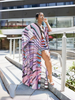 Purple and black geometric print open cardigan with matching shorts, draped fit