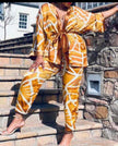 Bold Stripe Print Wide-Sleeve Tie-Waist Blouse with Coordinating Pants