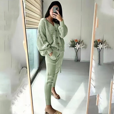 Sage green knit cardigan and slim trousers set, V-stitch pattern with button front
