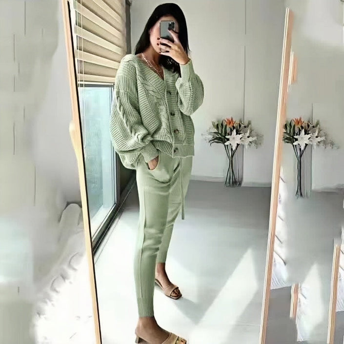 Sage green knit cardigan and slim trousers set, V-stitch pattern with button front
