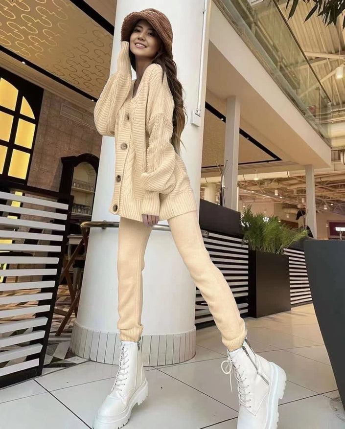 Beige knit cardigan and slim trousers set, button front with textured cable knit