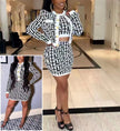 Geometric Pattern Knit Three-Piece Set with Crop Top, Mini Skirt, and Overcoat