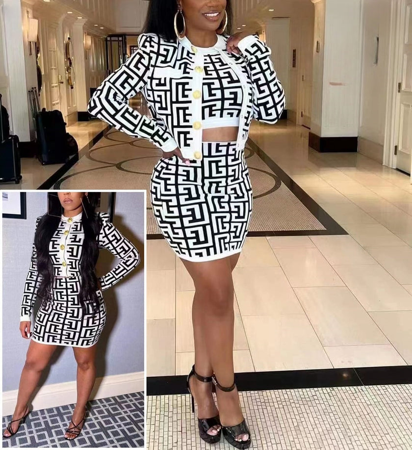 Geometric Pattern Knit Three-Piece Set with Crop Top, Mini Skirt, and Overcoat