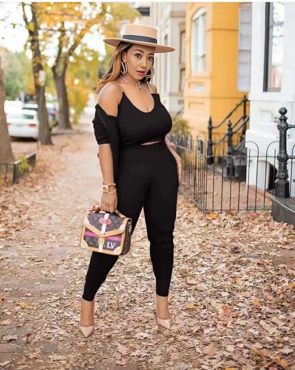 Black knit set with cardigan, crop camisole, and cropped pants