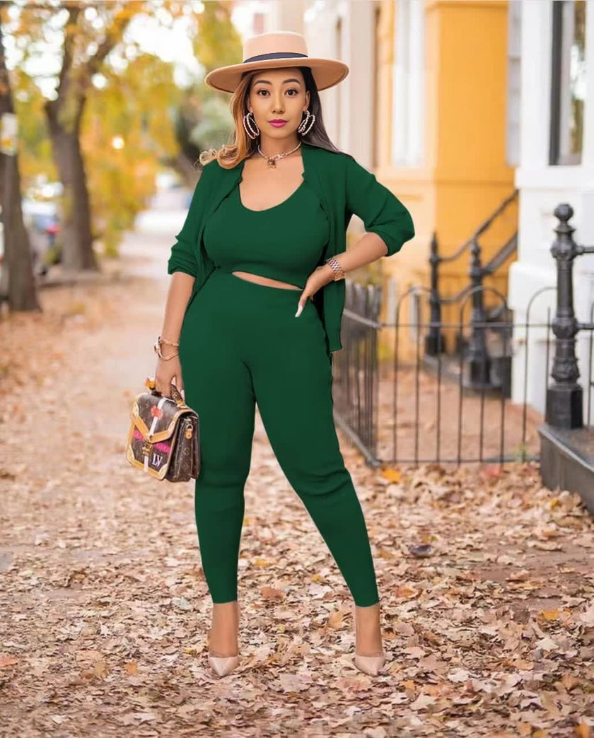 Three-Piece Knit Ensemble with Long-Sleeve Crop Top, High-Waisted Pants & Coordinating Cardigan