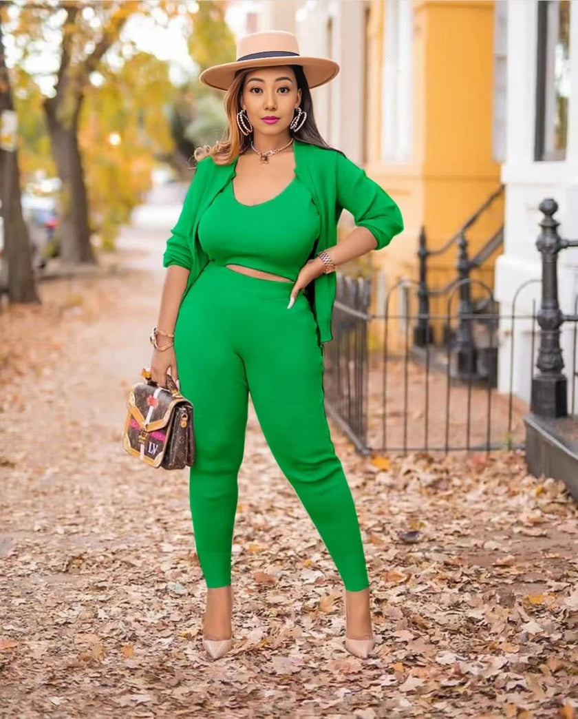 Lime-green knit set with cardigan, crop camisole, and cropped pants