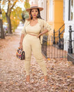 Beige knit set with cardigan, crop camisole, and cropped pants
