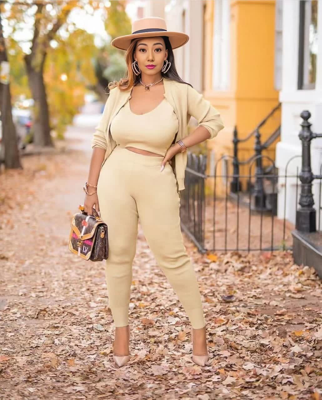 Beige knit set with cardigan, crop camisole, and cropped pants