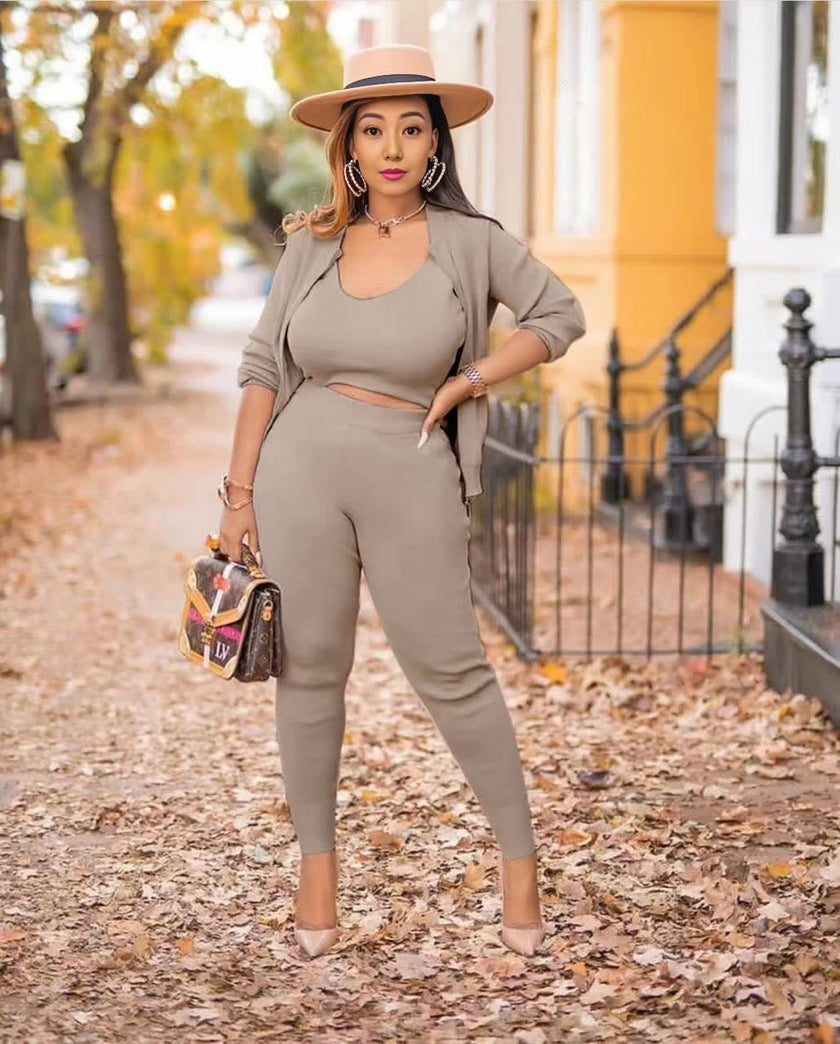 Three-Piece Knit Ensemble with Long-Sleeve Crop Top, High-Waisted Pants & Coordinating Cardigan