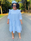 Ruffle hem midi dress with tiered ruffles and loose fit, 3/4 sleeves