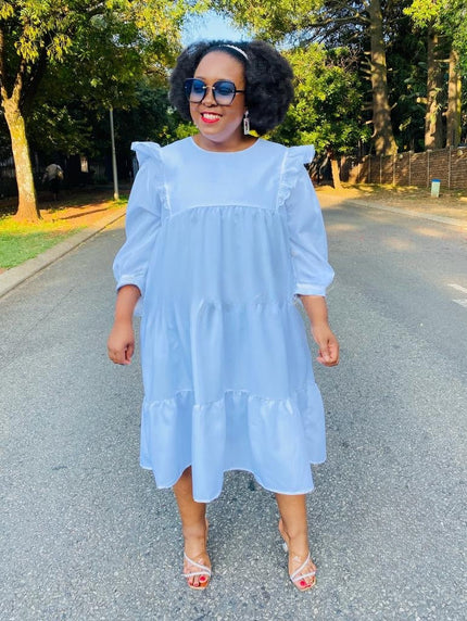 Ruffle hem midi dress with tiered ruffles and loose fit, 3/4 sleeves