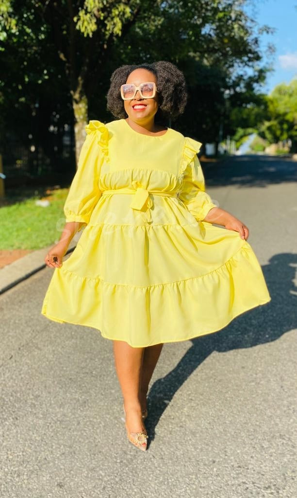 Yellow ruffle hem midi dress with tiered ruffles and loose fit, bow waist, 3/4 sleeves