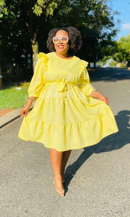 Yellow ruffle hem midi dress with tiered ruffles and loose fit, bow waist, 3/4 sleeves