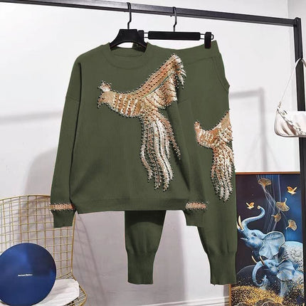 Dark-olive knit set with sequined bird motif sweatshirt and matching jogger pants