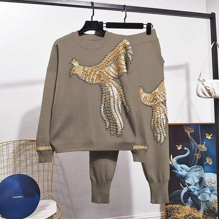 Khaki knit set with sequined bird motif sweatshirt and matching jogger pants