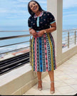 Pleated midi skirt with colorful African-style vertical stripe print