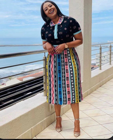 Pleated midi skirt with colorful African-style vertical stripe print