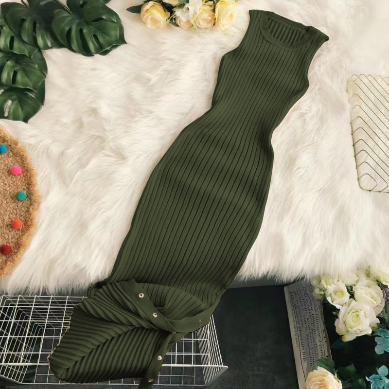 Ribbed knit sleeveless dress, dark olive green, flared hem with buttoned tie