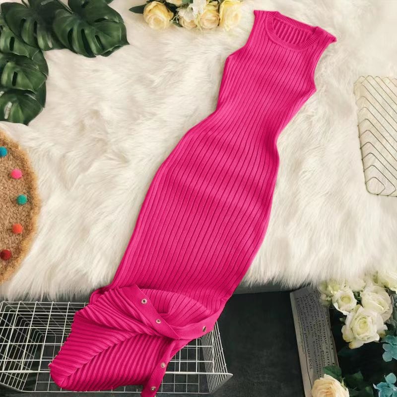 Ribbed knit sleeveless dress, bright pink, flared hem with buttoned tie detail