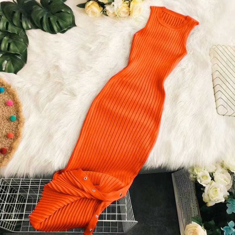 Ribbed knit sleeveless dress, orange, flared hem with buttoned tie detail