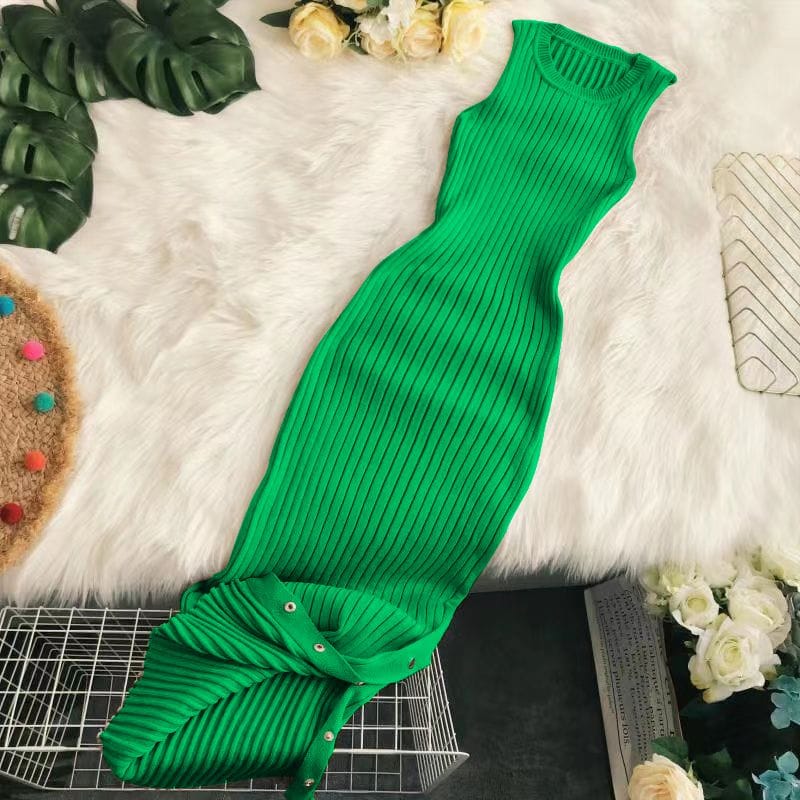 Ribbed Knit Sleeveless Dress with Flared Hemline