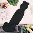 Ribbed knit sleeveless dress, black, flared hem with buttoned tie detail