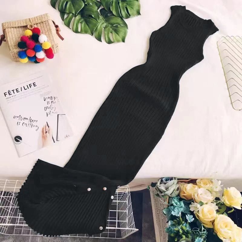 Ribbed knit sleeveless dress, black, flared hem with buttoned tie detail