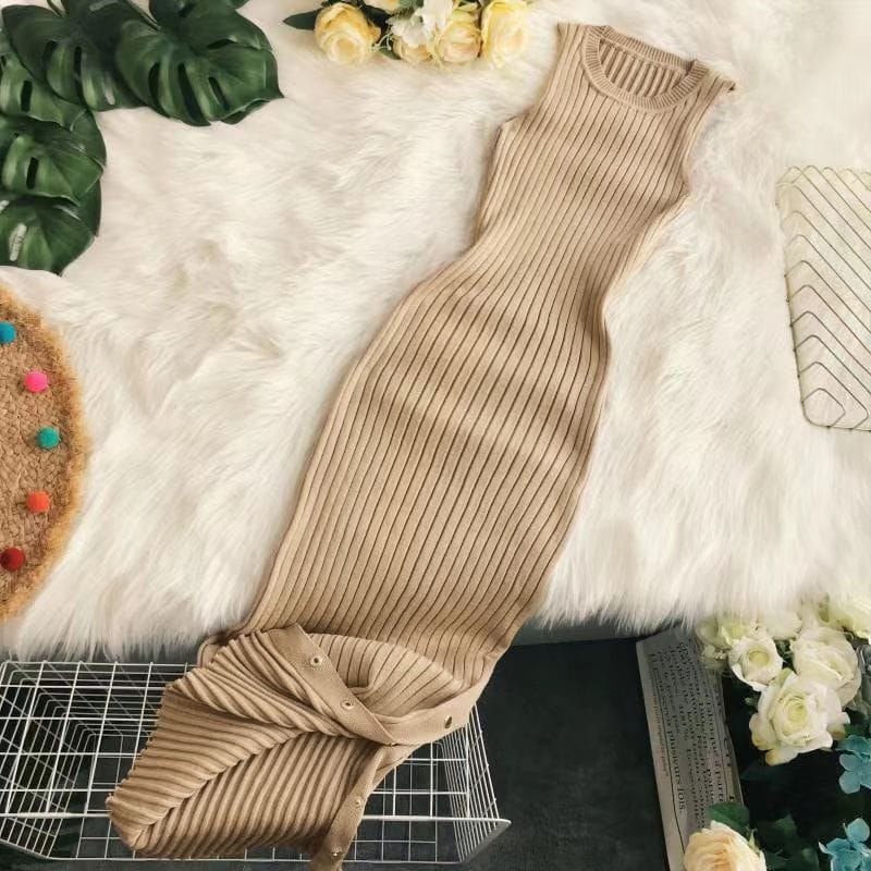 Ribbed knit sleeveless dress, beige khaki, flared hem with buttoned tie detail