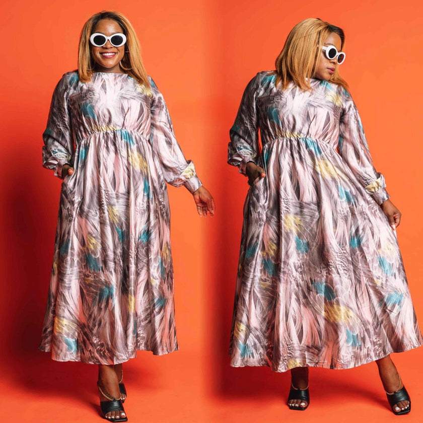 Abstract print maxi dress with stretch waist and long sleeves