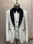 Three-piece suit set with white jacquard blazer, black lapels, black vest